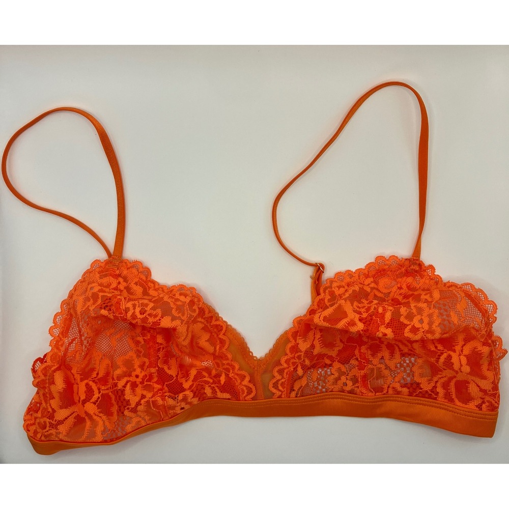 Savage X Fenty Neon Orange Floral Lace Triangle Bralette Small Adjustable Straps